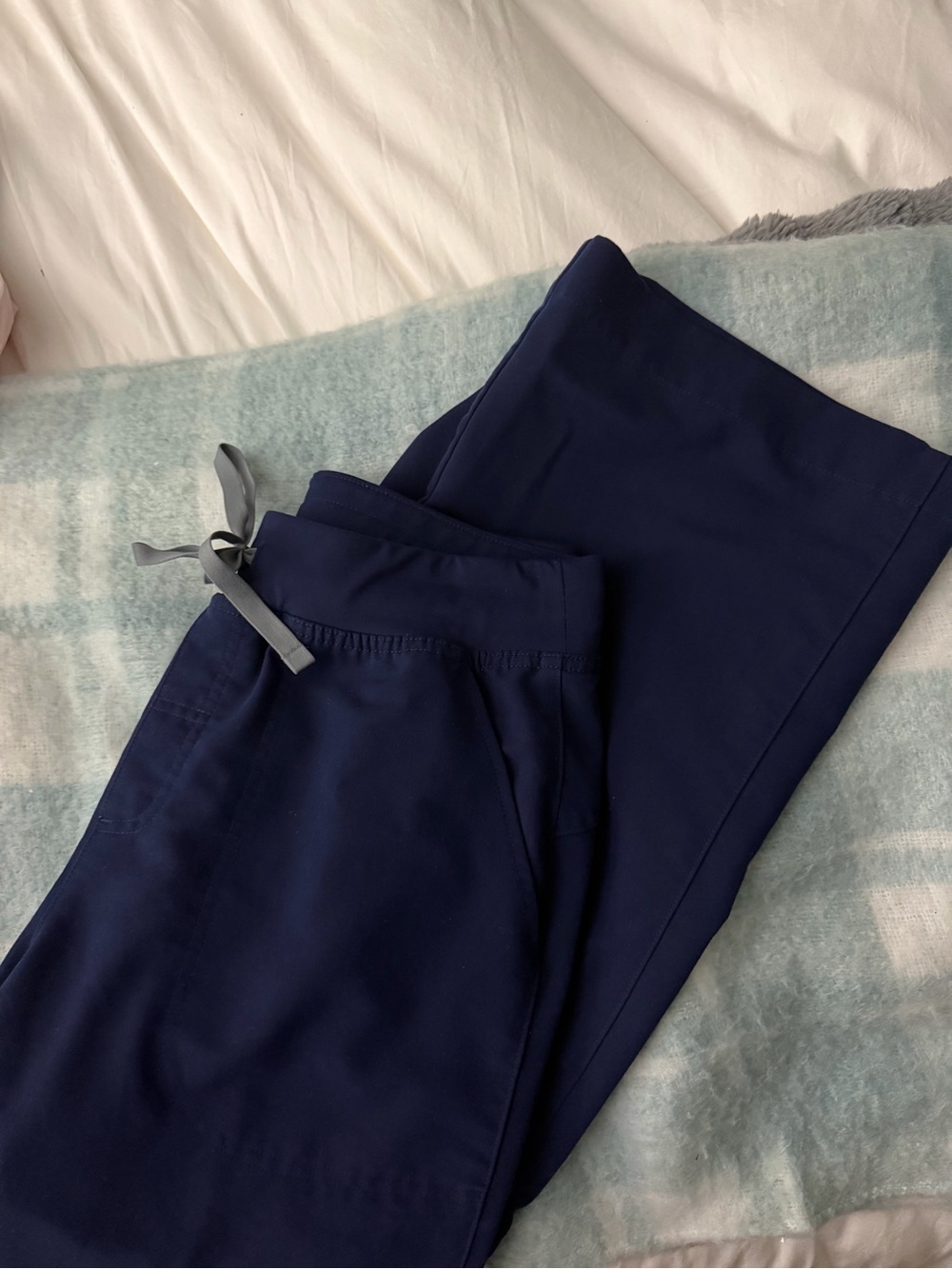 Figs Wide Leg Scrub Pants in Navy with Gray Drawstring